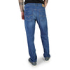 Blue button fly closure jeans with logo details