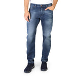 Blue button fly closure jeans with pockets and logo details