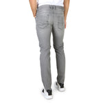 Grey button fly closure jeans with logo details