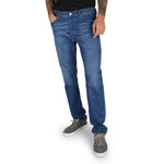 Blue button fly closure jeans with logo details
