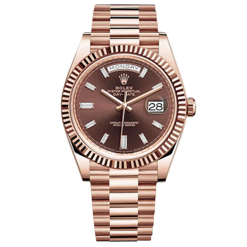 Rolex Day-Date 40mm Rose Gold Fluted Bezel / Chocolate Diamond Baguette Dial - 2022