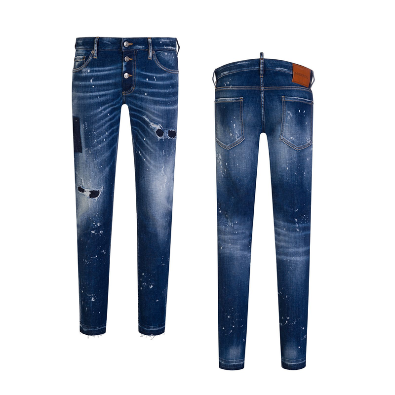 DSQAURED2 SLIM FIT PAINT DISTRESSED JEANS IN NAVY BLUE