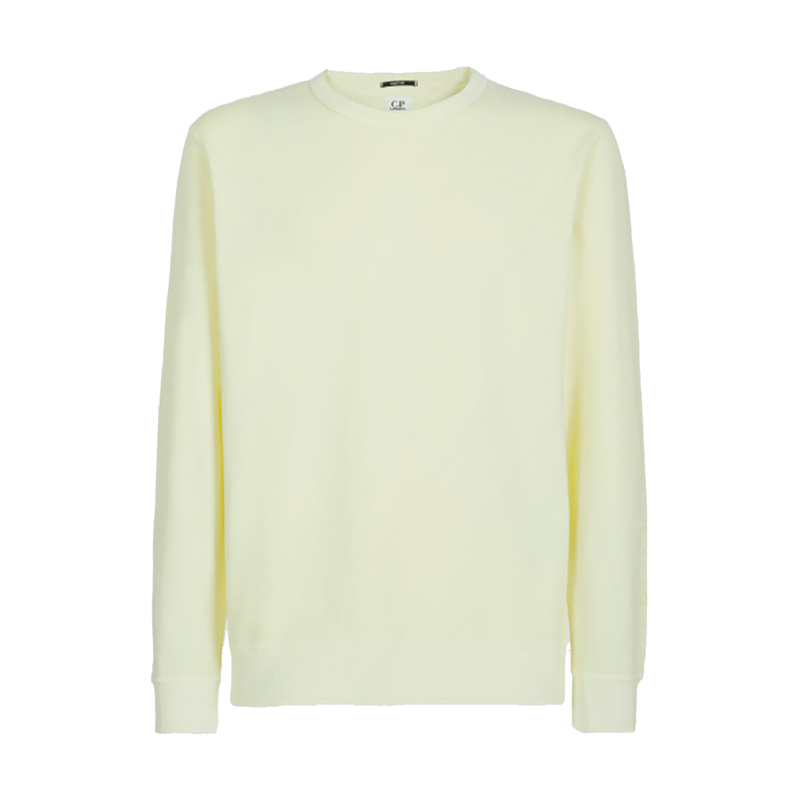 CP COMPANY COTTON RESIST DYED SLEEVE LOGO SWEATER IN PASTEL YELLOW